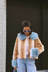 Deer Print Blue Faux Fur Cropped Jacket