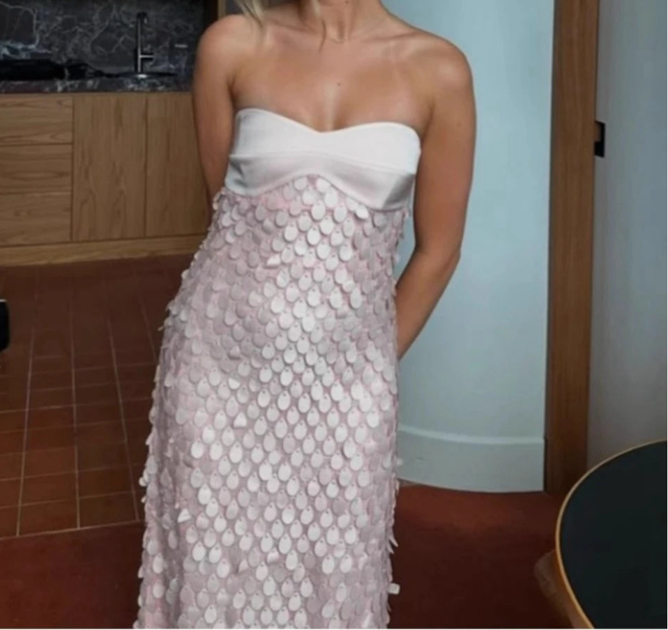 Women's strapless sequins beaded midi dress with A-line silhouette.