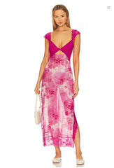 Floral Print Lace Patchwork Cutout V-Neck Midi Dress