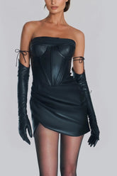 Black PU Leather Cinched Waist Pleated Mini Dress with Gloves