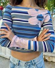 Blue Off-Shoulder Striped Floral Print Tee