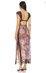 Floral Print Lace Patchwork Cutout V-Neck Midi Dress