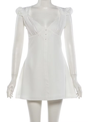 White Button Embroidered Short Sleeve Mini Dress