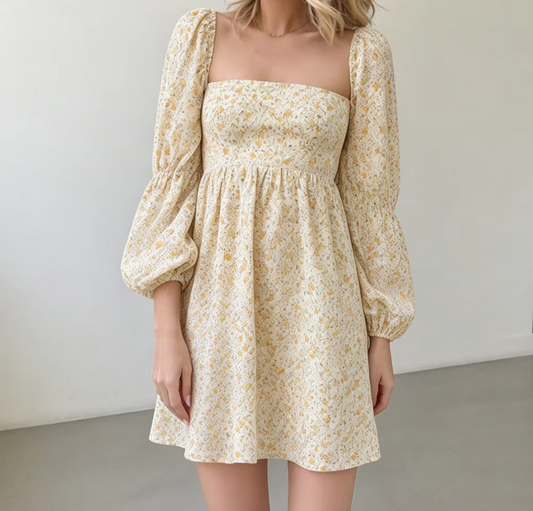 Yellow Floral Print Square Collar Smocked Long Sleeve Mini Dress