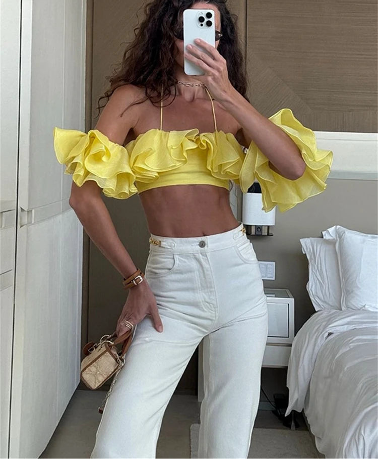 Women's off-shoulder ruffle crop top.