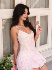 Pink Patchwork Pattern Lace Spaghetti Strap Mini Dress