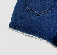 Lace Trim High Waist Denim Shorts - Casual Loose Fit