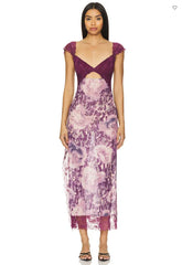 Floral Print Lace Patchwork Cutout V-Neck Midi Dress