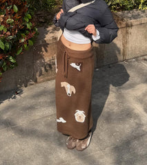 Brown Knit Cute Dog Jacquard Print Midi Skirt