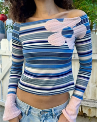 Blue Off-Shoulder Striped Floral Print Tee