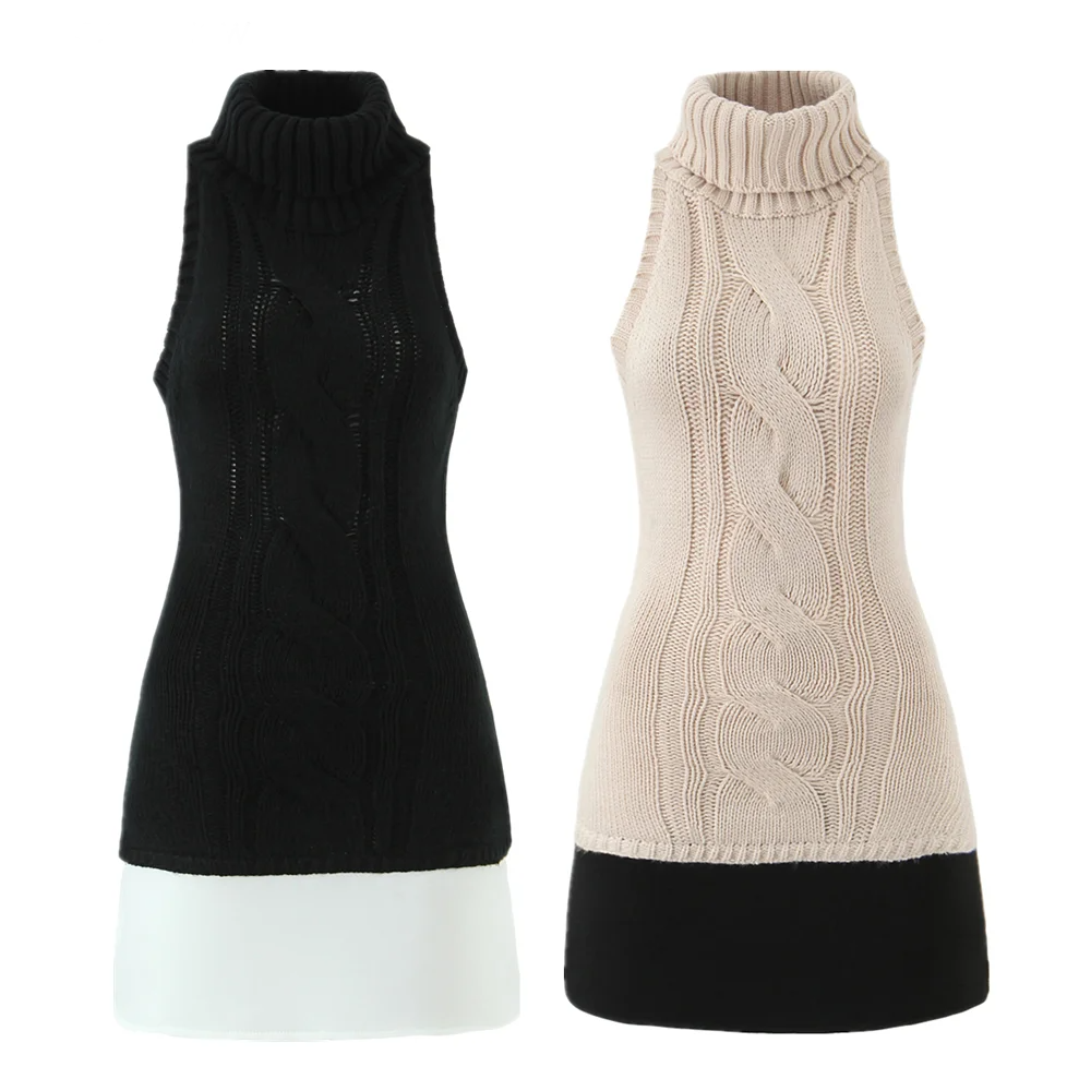 Two sleeveless knitted dresses, one black and one beige, on a white background.