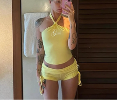 Halter Rhinestone Top & Drawstring Shorts Co-Ord Set - Streetwear Slim Fit