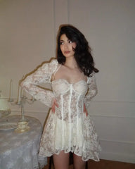 White Lace Flare Sleeve Corset Frill Mini Dress