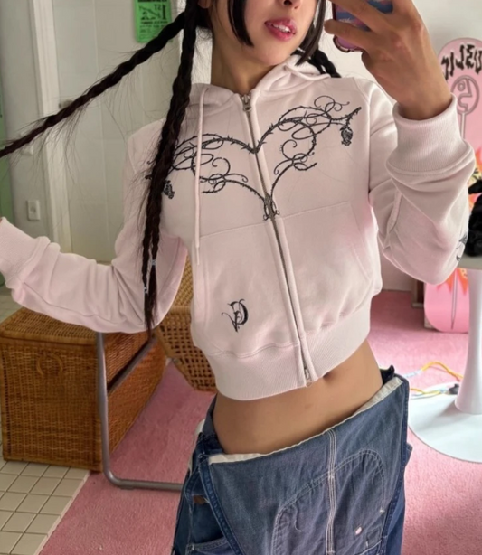 Vine And Heart Graphic Crop Zip-Up Hoodie