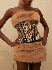 Leopard Print Sequin Fishbone Tank Top And Plush Short Skirt Set