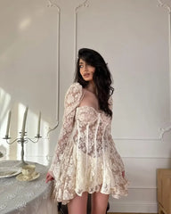 White Lace Flare Sleeve Corset Frill Mini Dress