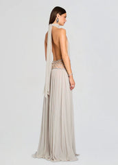 Grey Rhinestone Waist Band Detail Tie Up Backless Mesh Maxi Dress