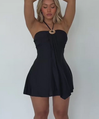 Halter Tie Decorative Pendant Draped Mini Dress