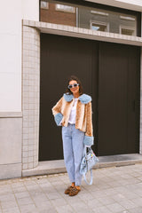Deer Print Blue Faux Fur Cropped Jacket