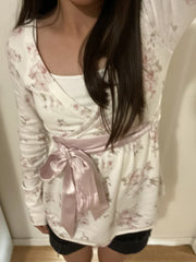 White Babydoll Pink Ribbon Floral Print Long Sleeve Top
