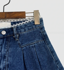 Lace Trim High Waist Denim Shorts - Casual Loose Fit