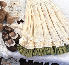 Embroidery Lace Floral Bow Ruffles Long Skirt - Sweet A-Line