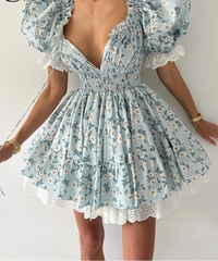 Puff Sleeve Tie Up Elastic Puff Sleeve Mini Dress