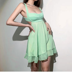 Green Mesh Spliced Mini Sling Dress