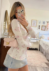 White Babydoll Pink Ribbon Floral Print Long Sleeve Top