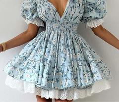 Puff Sleeve Tie Up Elastic Puff Sleeve Mini Dress