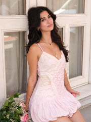 Pink Patchwork Pattern Lace Spaghetti Strap Mini Dress