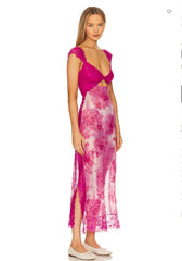 Floral Print Lace Patchwork Cutout V-Neck Midi Dress