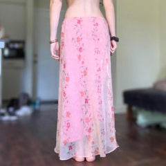 Pink Floral Print Mesh Midi Skirt