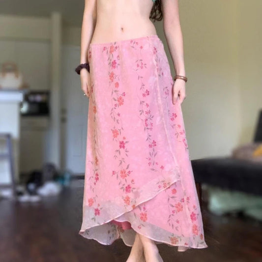 Pink Floral Print Mesh Midi Skirt