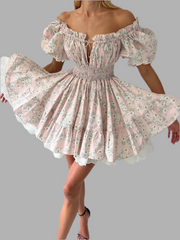 Puff Sleeve Tie Up Elastic Puff Sleeve Mini Dress