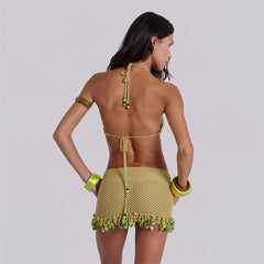 Beading Fringe Knit Crocheted Cover Up Mini Dress