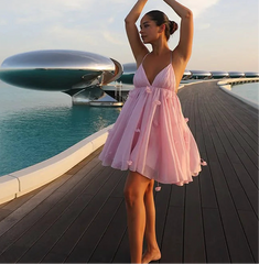 Pink Flare Cami Mini Dress - V-Neck Tie-Up