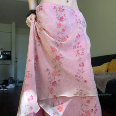 Pink Floral Print Mesh Midi Skirt
