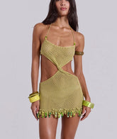 Beading Fringe Knit Crocheted Cover Up Mini Dress