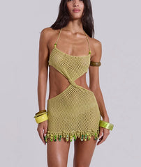 Beading Fringe Knit Crocheted Cover Up Mini Dress