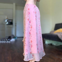 Pink Floral Print Mesh Midi Skirt
