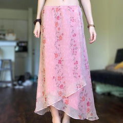 Pink Floral Print Mesh Midi Skirt