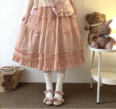 Embroidery Lace Floral Bow Ruffles Long Skirt - Sweet A-Line