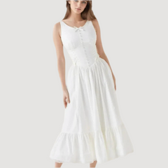 Women's white front buttons tank maxi dress with O-neck and fit-and-flare silhouette.