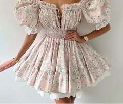 Puff Sleeve Tie Up Elastic Puff Sleeve Mini Dress