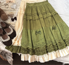 Women's embroidery lace floral bow ruffles long skirt with A-line silhouette.