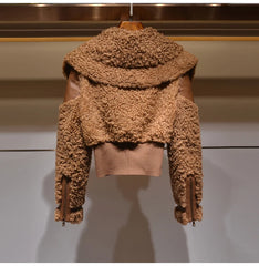 Brown Faux Fur Long Sleeve Zipper Turndown Collar Jacket