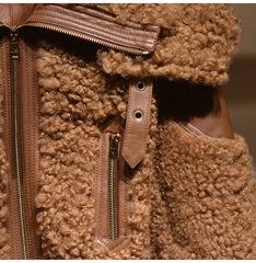 Brown Faux Fur Long Sleeve Zipper Turndown Collar Jacket