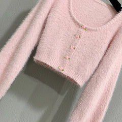 Fuzzy Rose Buttoned Cardigan