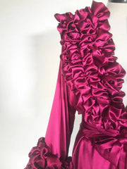 Silk Burgundy Long Sleeve Tiered Ruffles Sleepwear Nightgown Robe